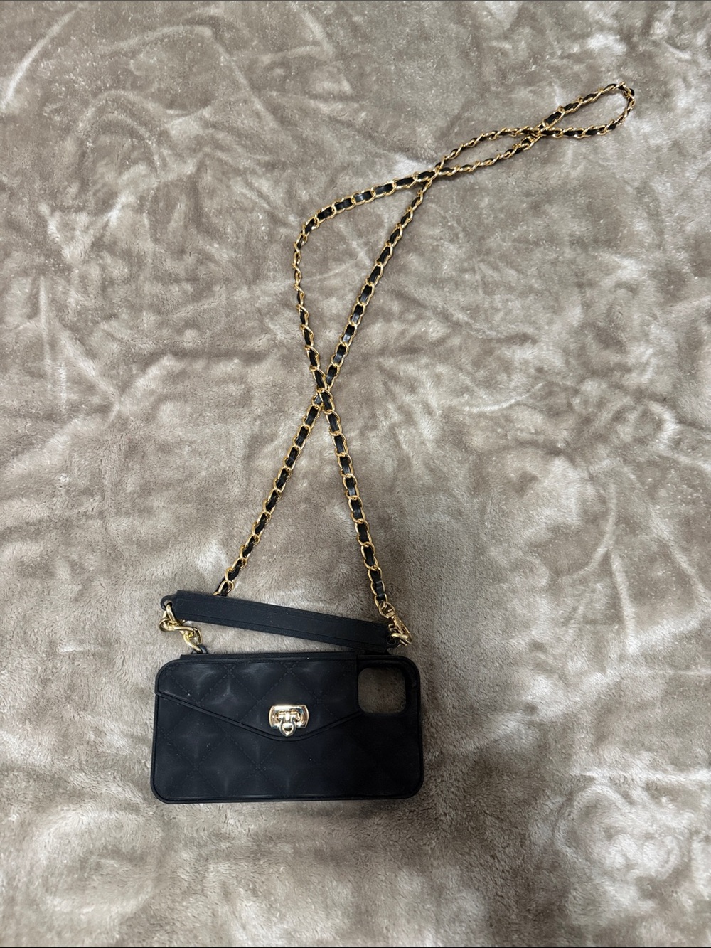 Black Quilted Crossbody Phone Case with Gold Chain